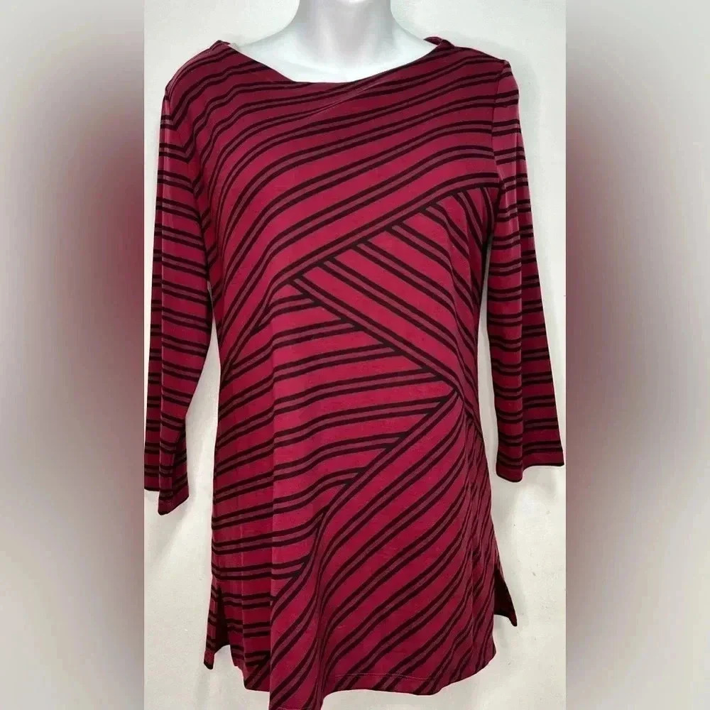 Karen Scott Womens Merlot Black Striped Boatneck 3/4 Sleeve Top